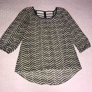 Sheer blouse, black & tan design, open upper back